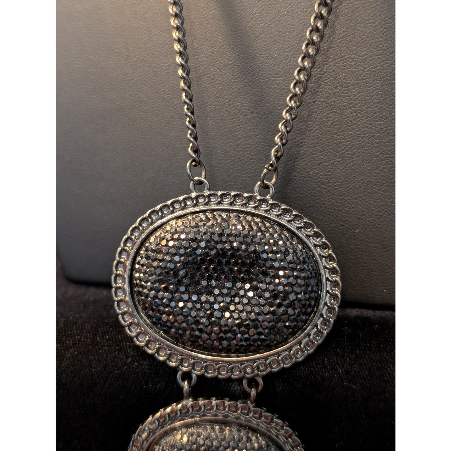 Triple Station Black Sparkle Fringe Long Gun Metal Necklace