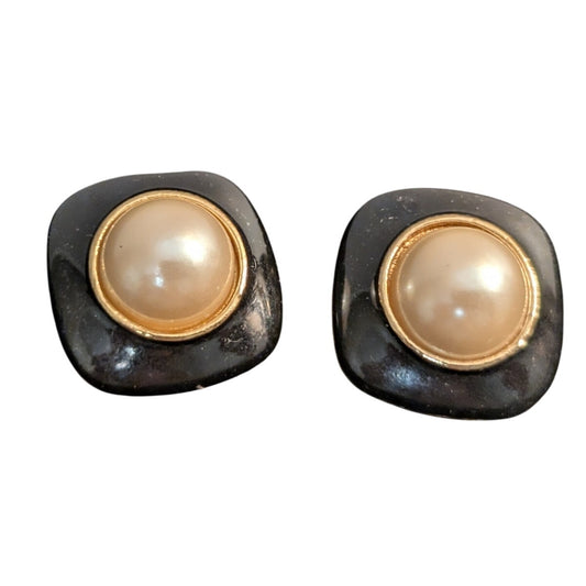 Vintage 80s Squared Off Clip On Black Enamel Faux Mabe Pearl Button Earrings