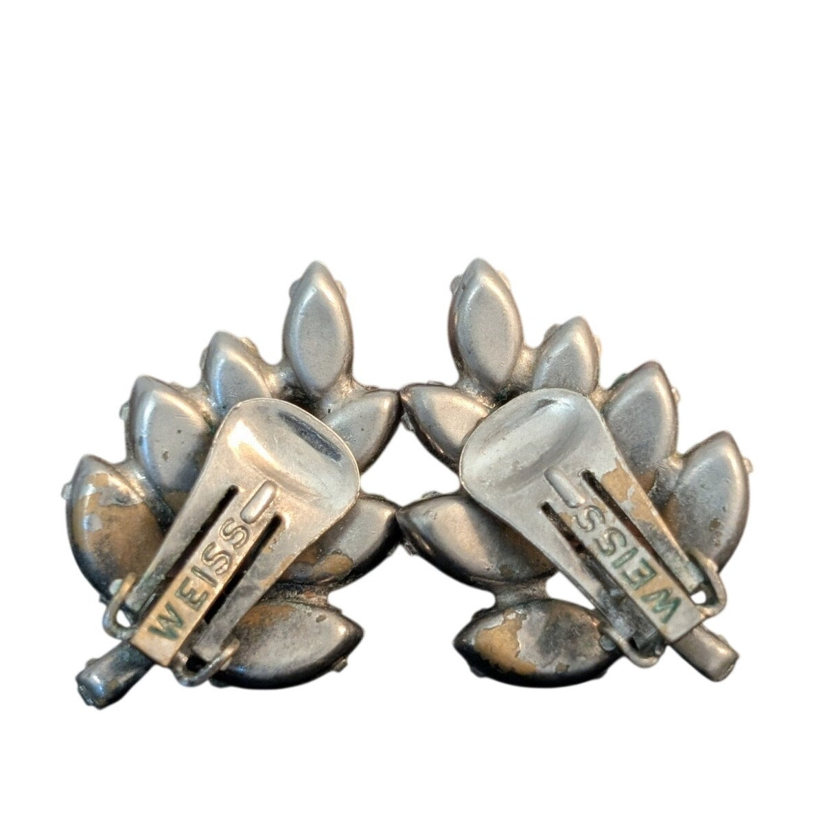 Vintage Weiss Signed 50s Rhinestone Leaf Clip On Earrings