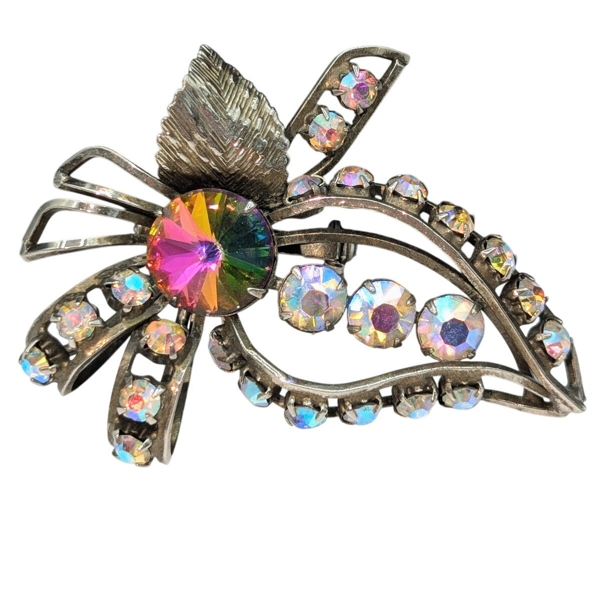 Vintage Antiqued Silver Sparkling Watermelon & AB Rhinestone Brooch