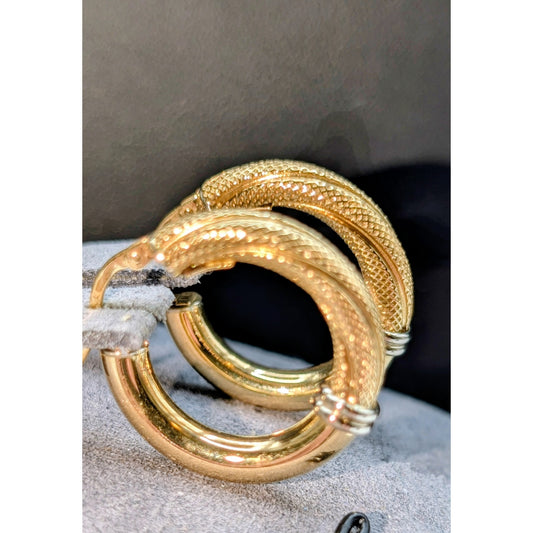 18K Italy Yellow Gold (White Gold Bands 2 Toned) Textured Polished Hoop Earrings