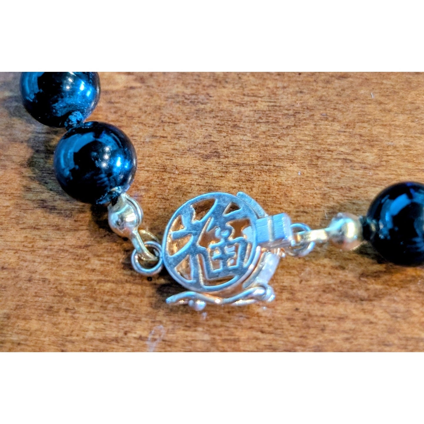 8mm Black Stone Beaded Hand Knotted Necklace 925 Vermeil Chinese Symbol Clasp
