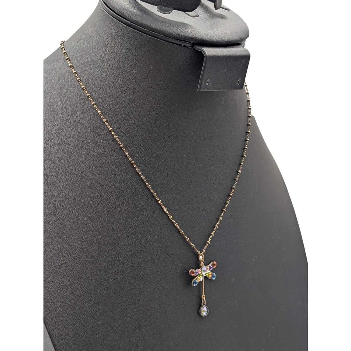 Vtg Anne Koplik Designs Crystal Antiqued Brass Beaded Chain Dragonfly Necklace