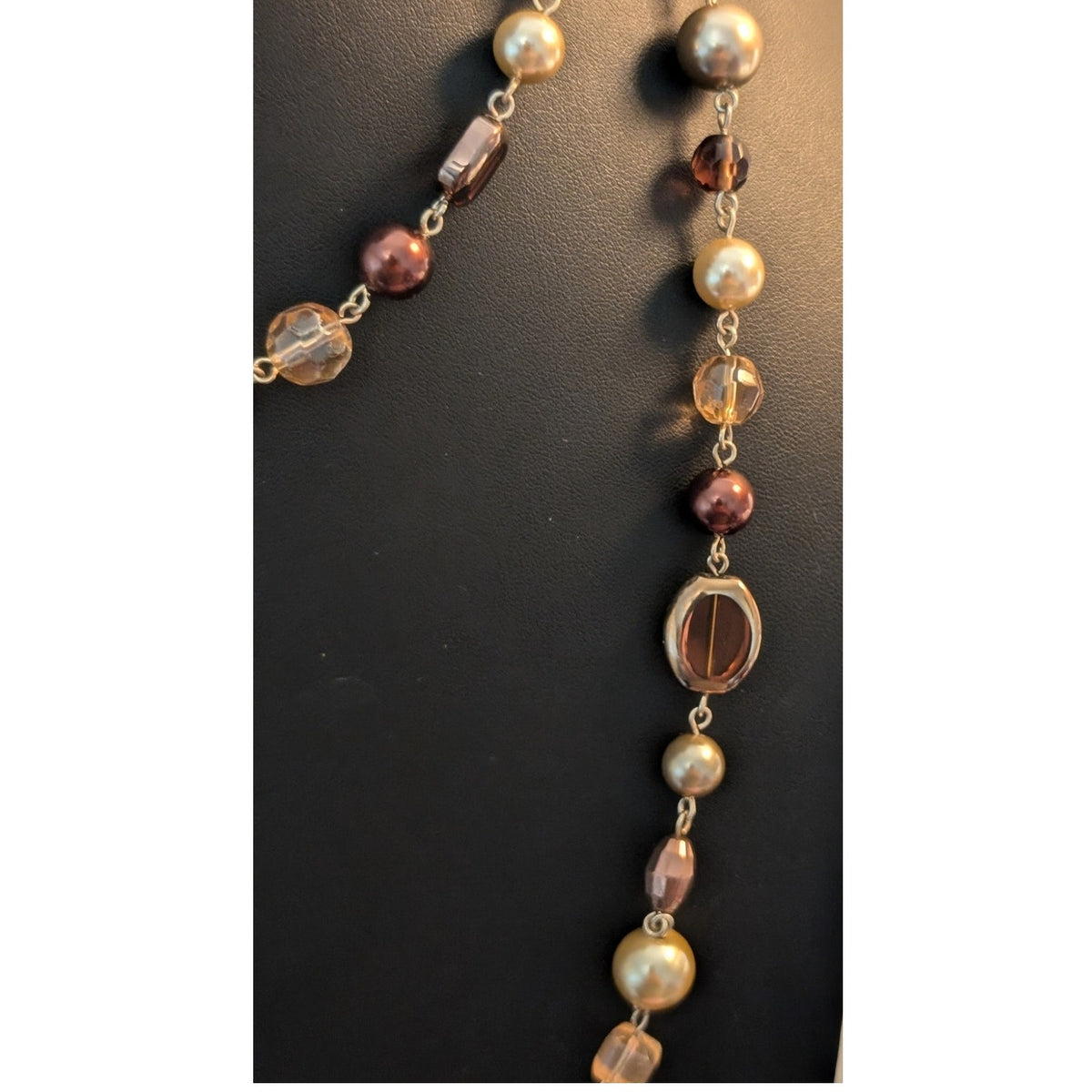 VTG Amber Champagne Cognac Bronze Peach Color Glass Crystal Faux Pearl Necklace
