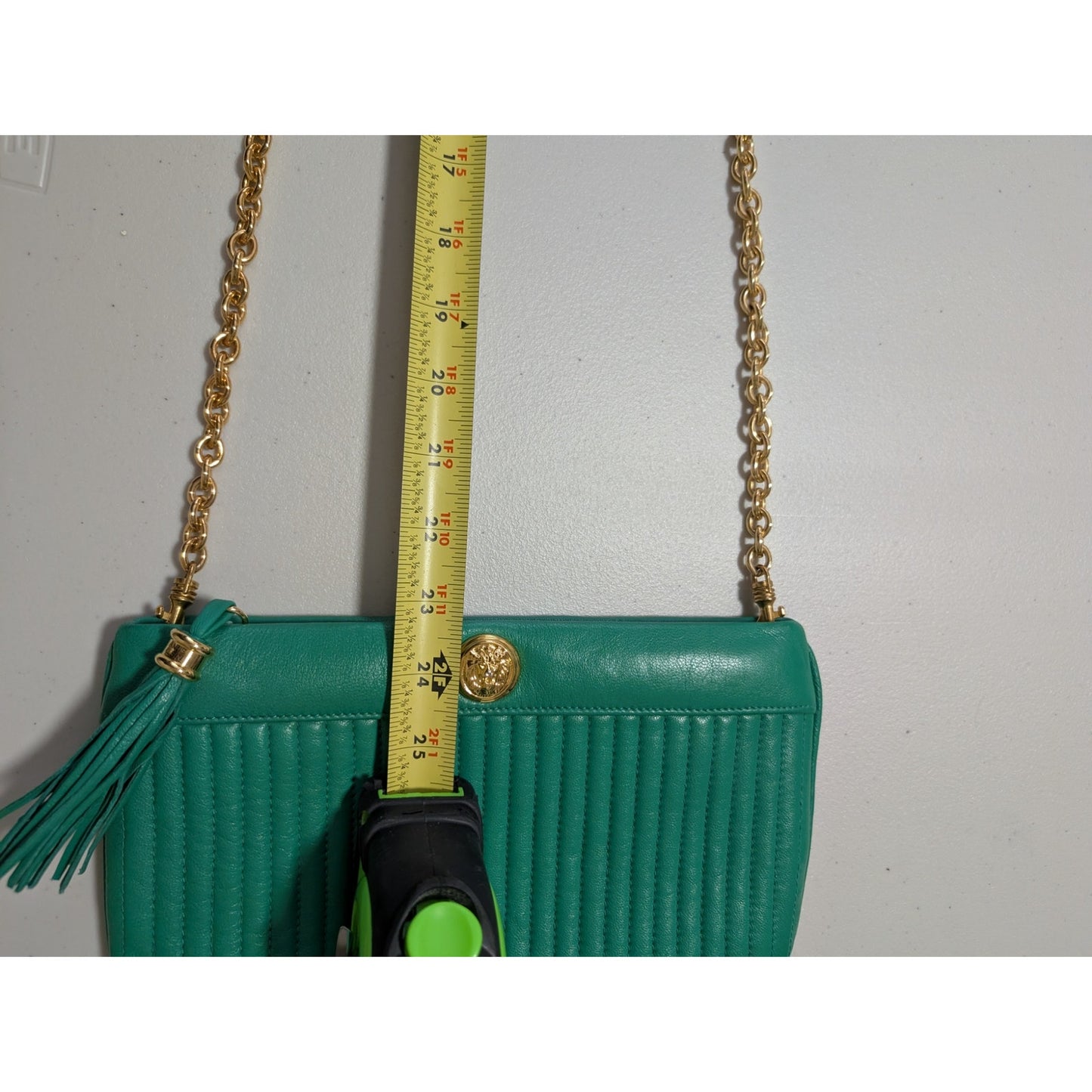 Anne Klein Cauldron Vintage Green Quilted Leather Chain Strap Lion Logo Handbag