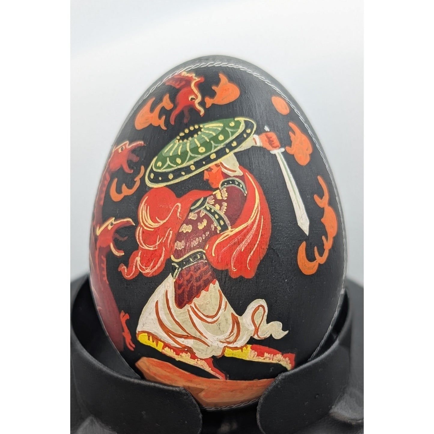 Black Wooden Russian Hand Painted Swordsman Warrior Dragon Signed Decorative Egg