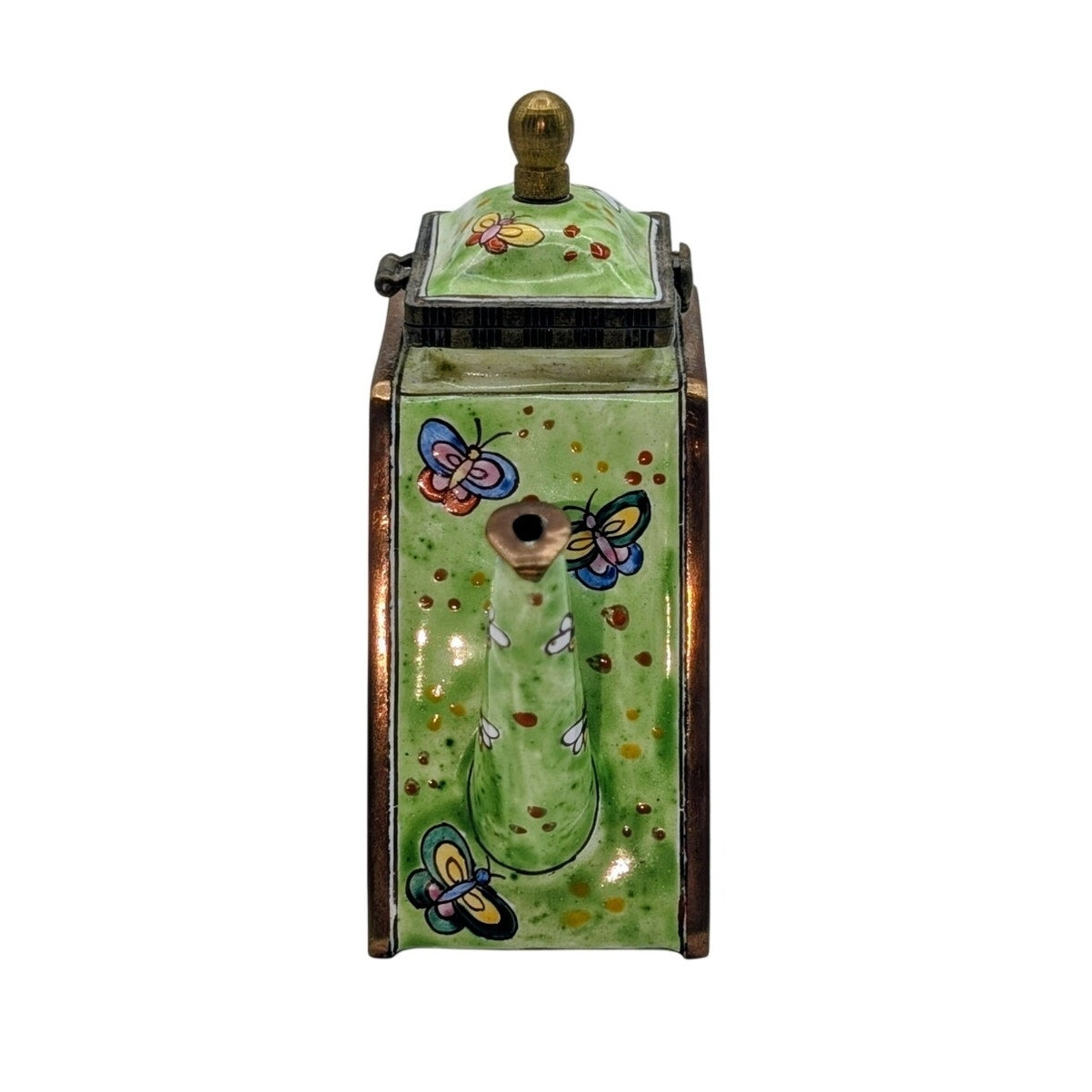 Kelvin Chen Vintage Kitty Catching Butterflies Green Enamel Collectible Teapot