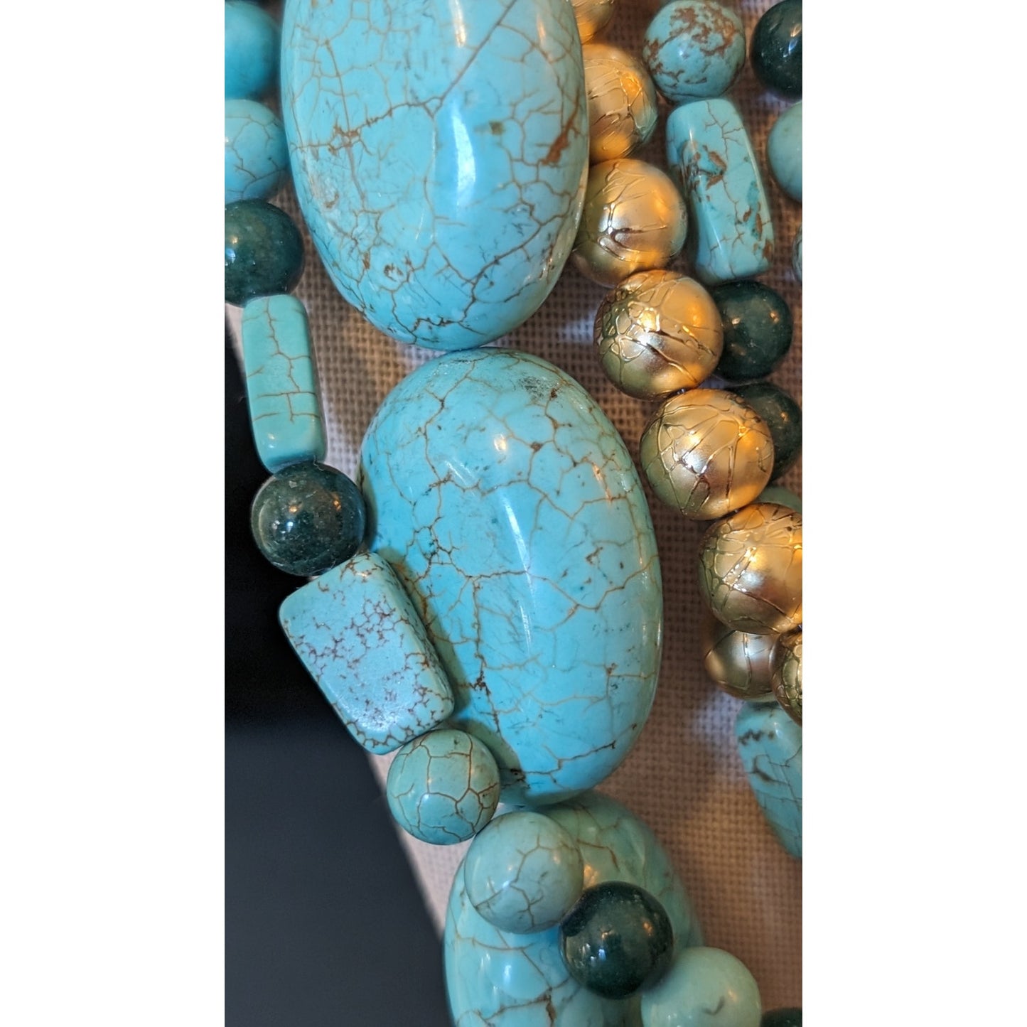 Chunky Blue Green Stone Gold Bead Multi-Strand Heavy Statement Necklace