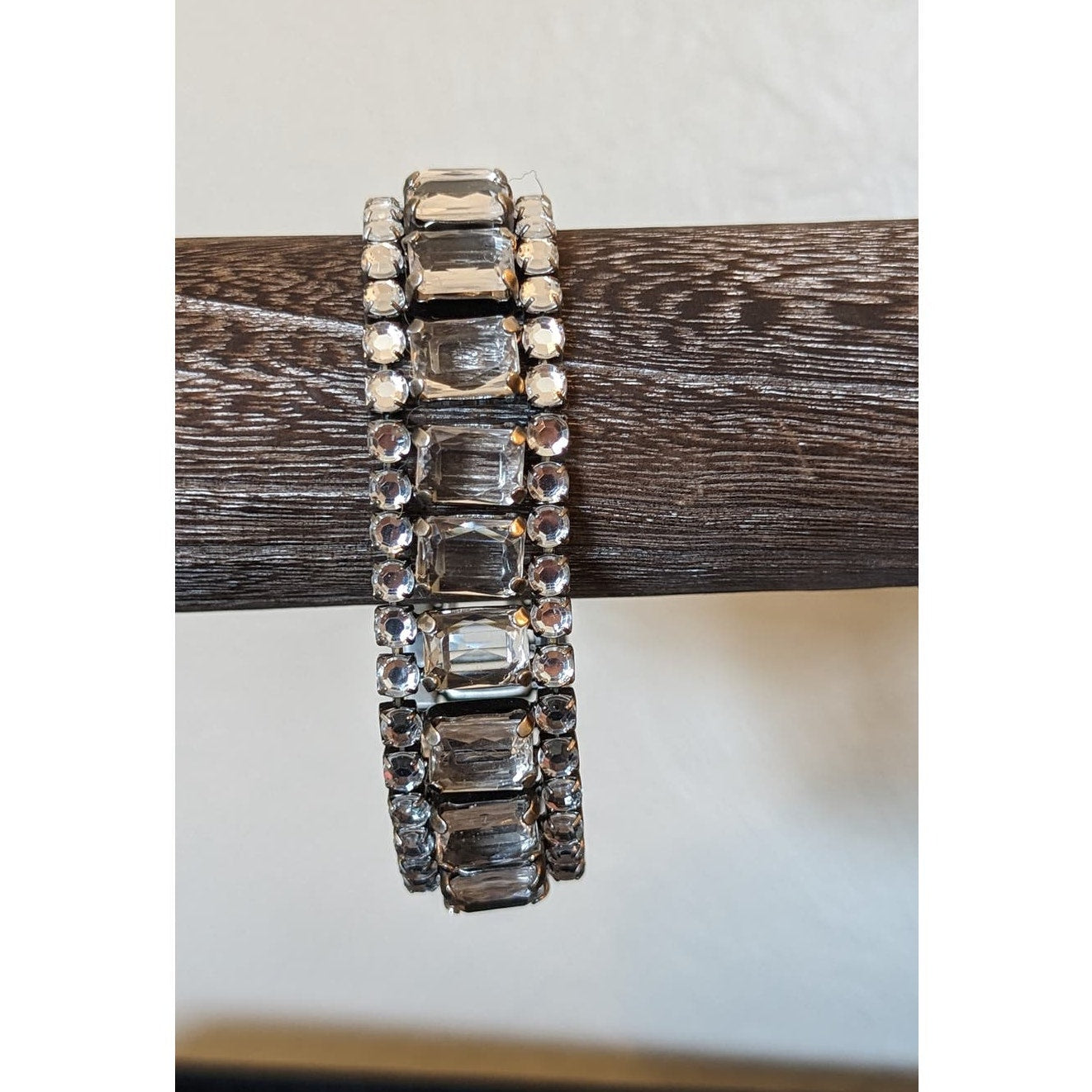 Vintage Three Row Round Cut & Emerald Cut Expandable Silver Tone Bracelet