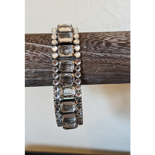 Vintage Three Row Round Cut & Emerald Cut Expandable Silver Tone Bracelet