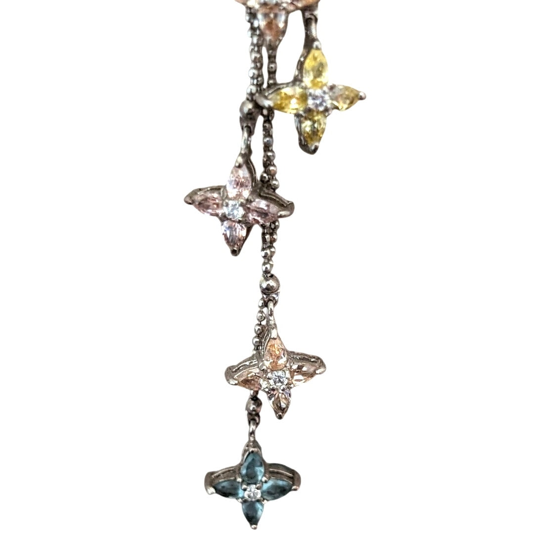 Kiam Family Double Silver Tone Beaded Chain Multi Crystal Star Dangle Necklace