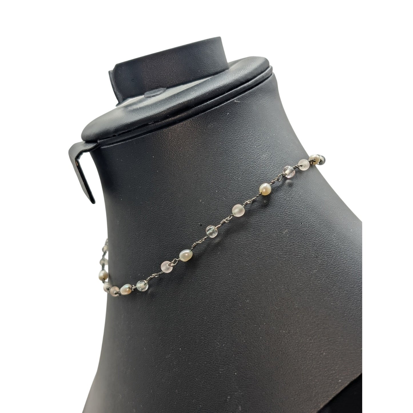 Vintage Silver Tone Glass Pearl Rosary Style Toggle Clasp Choker 16" Necklace