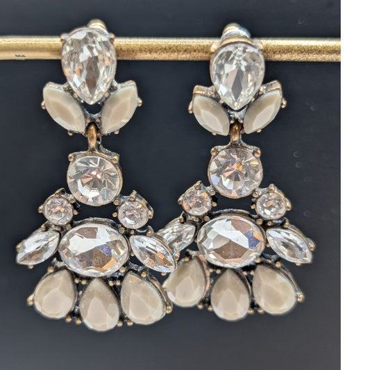 Rhinestone & Gray Green Bead Antiqued Statement Dangle Earrings