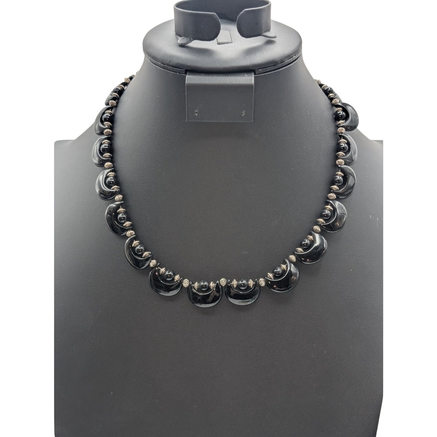 Vintage Black Onyx or Tourmaline Moon Shape Bead Silver Tone 17"-19" Necklace