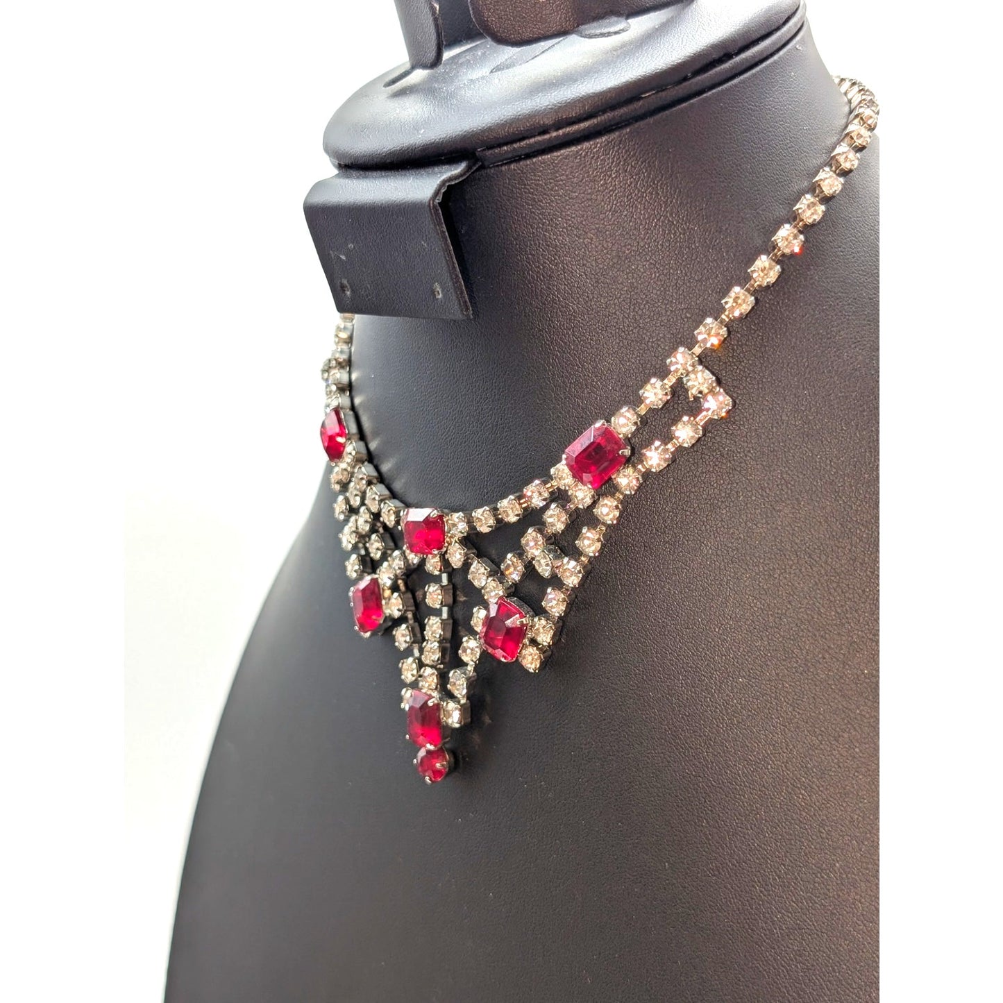 Vintage Red Ruby & Clear Rhinestone Collar Hook 15" Silver Tone Collar Necklace