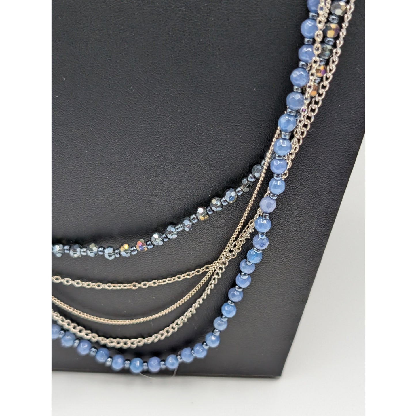 Silver Tone Multi-Chain Blue Bead Rawhide Adjustable Boho Necklace