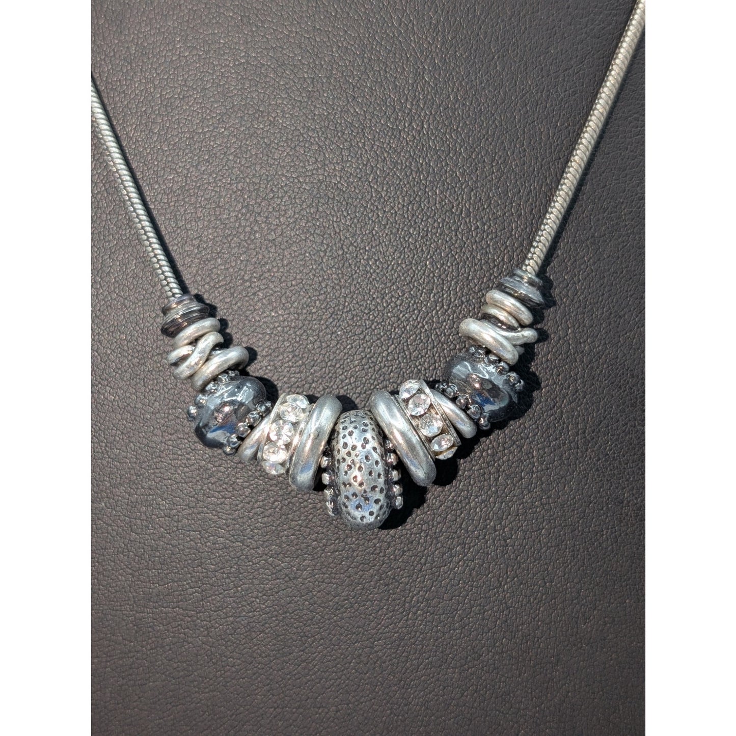 Chico's Silver Tone Pewter Look Multi-Rondelle Charm Beaded Snake Chain Necklace