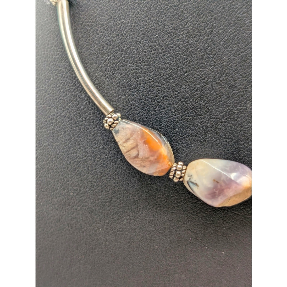 925 Sterling Silver Three Agate Stone Curved Bar Bead Chain 14"-16" Necklace