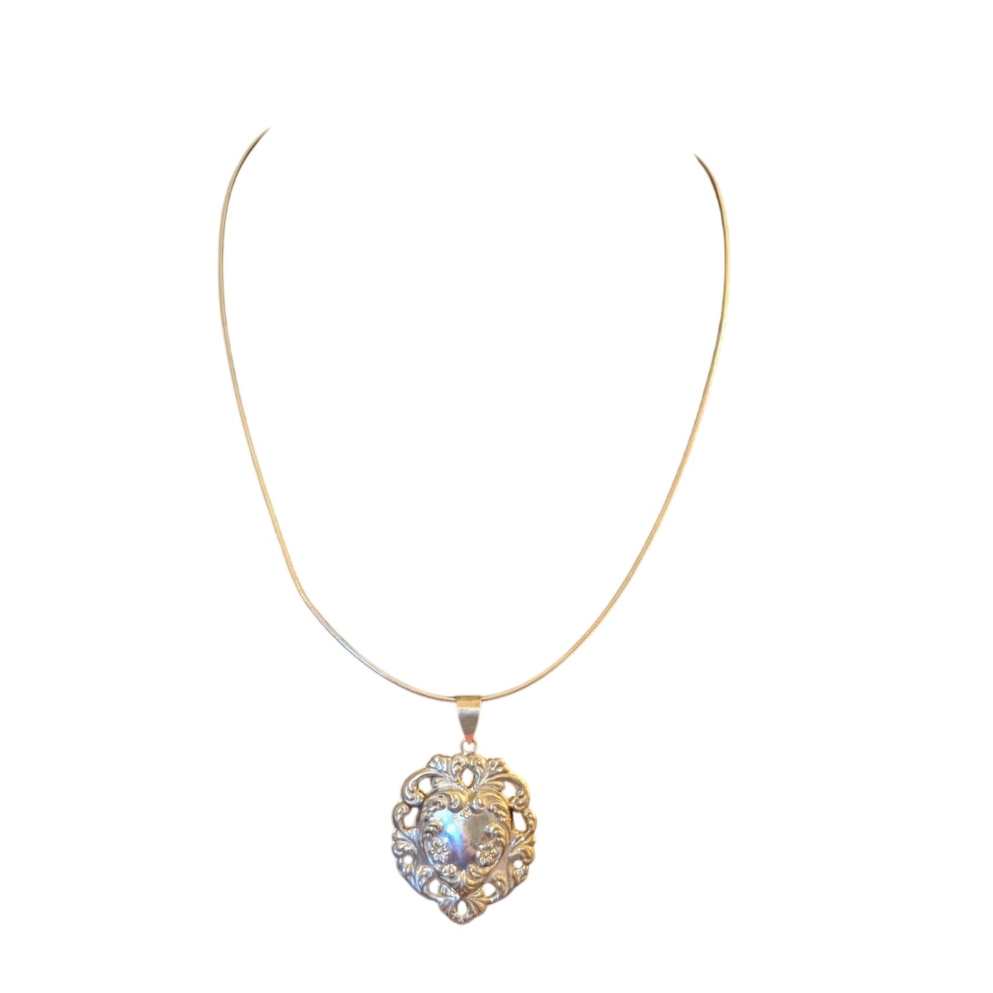 Vintage Sterling Silver Floral Lacy Heart Pendant 20" Necklace