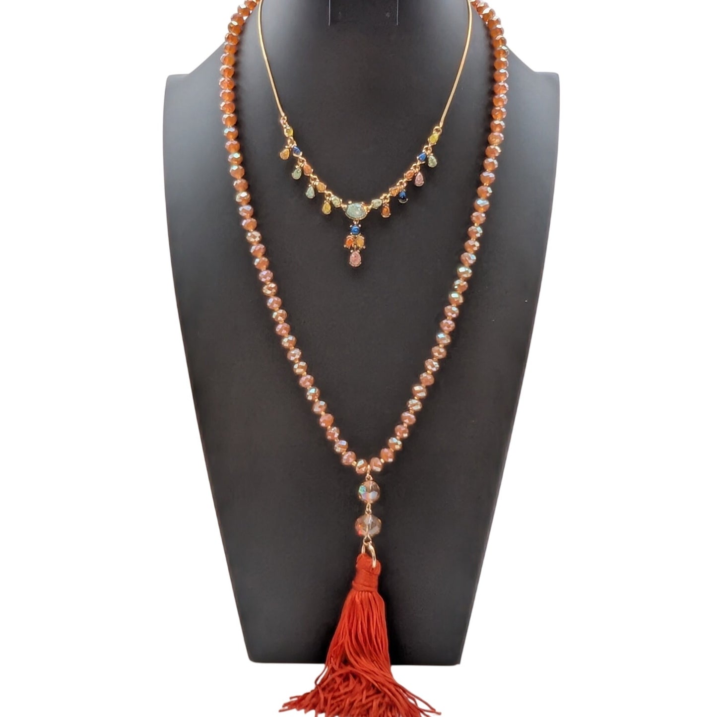 Lot of Two Gold Tone Orange Theme Crystal Tassel Y-Drop Necklaces