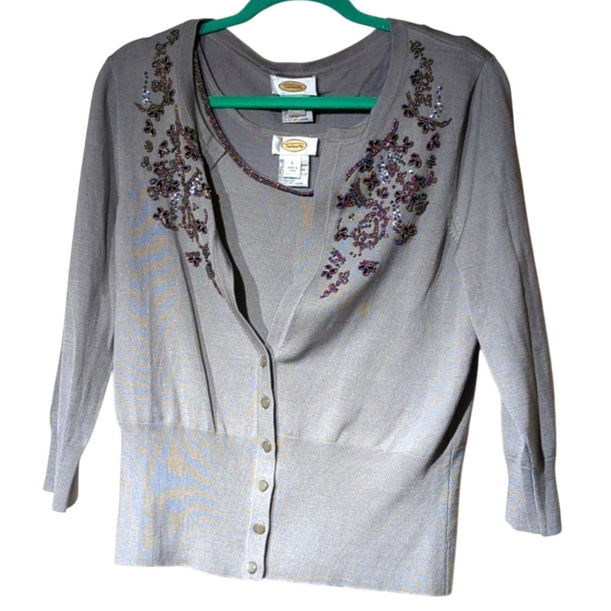 Talbots Gray Silk Blend Beaded Sweater Set Wide Rib Hem 3/4 Sleeves Women's Sz L