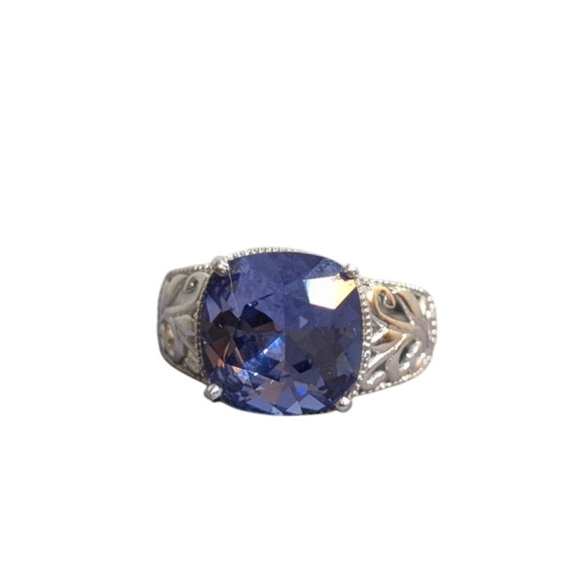 STS Karis Silver Tone Filigree Tanzanite CZ Statement Fashion Ring Sz 6.75