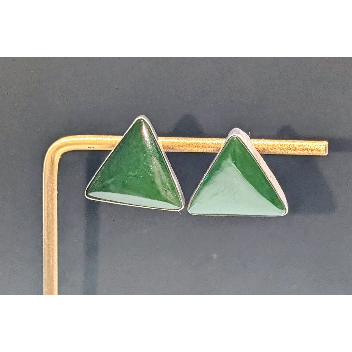 Vintage Signed Sterling Silver Nephrite Jade Stone Triangle Stud Earrings