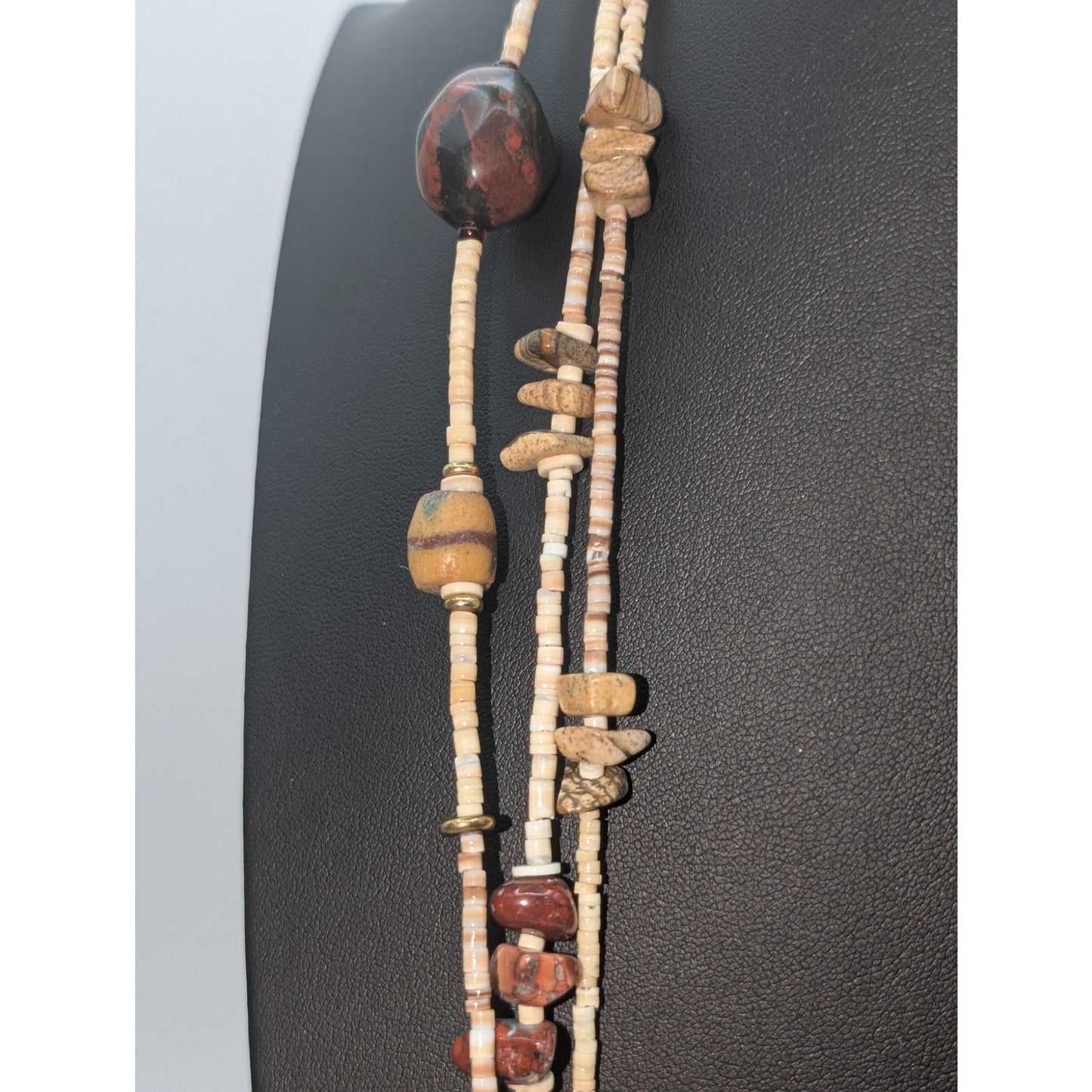 Vintage Three Strand Tiny Heishi Shell Bead Jasper Stone Station Long Necklace