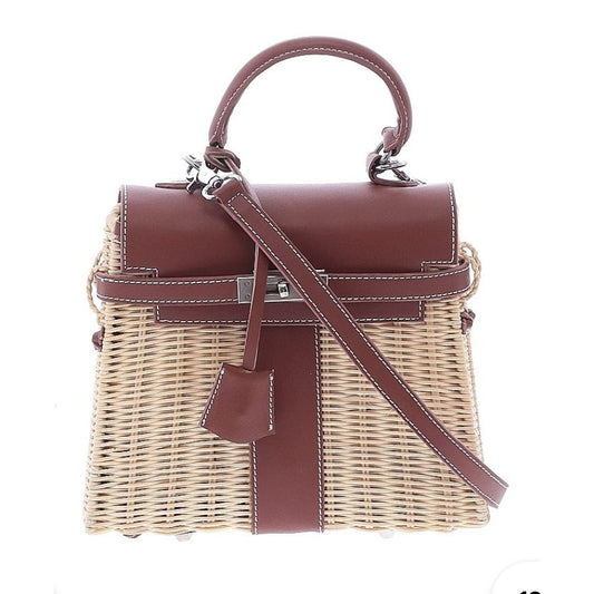 Handcrafted Rattan Genuine Leather Silver Hardware Handbag W/ Lock & Key
