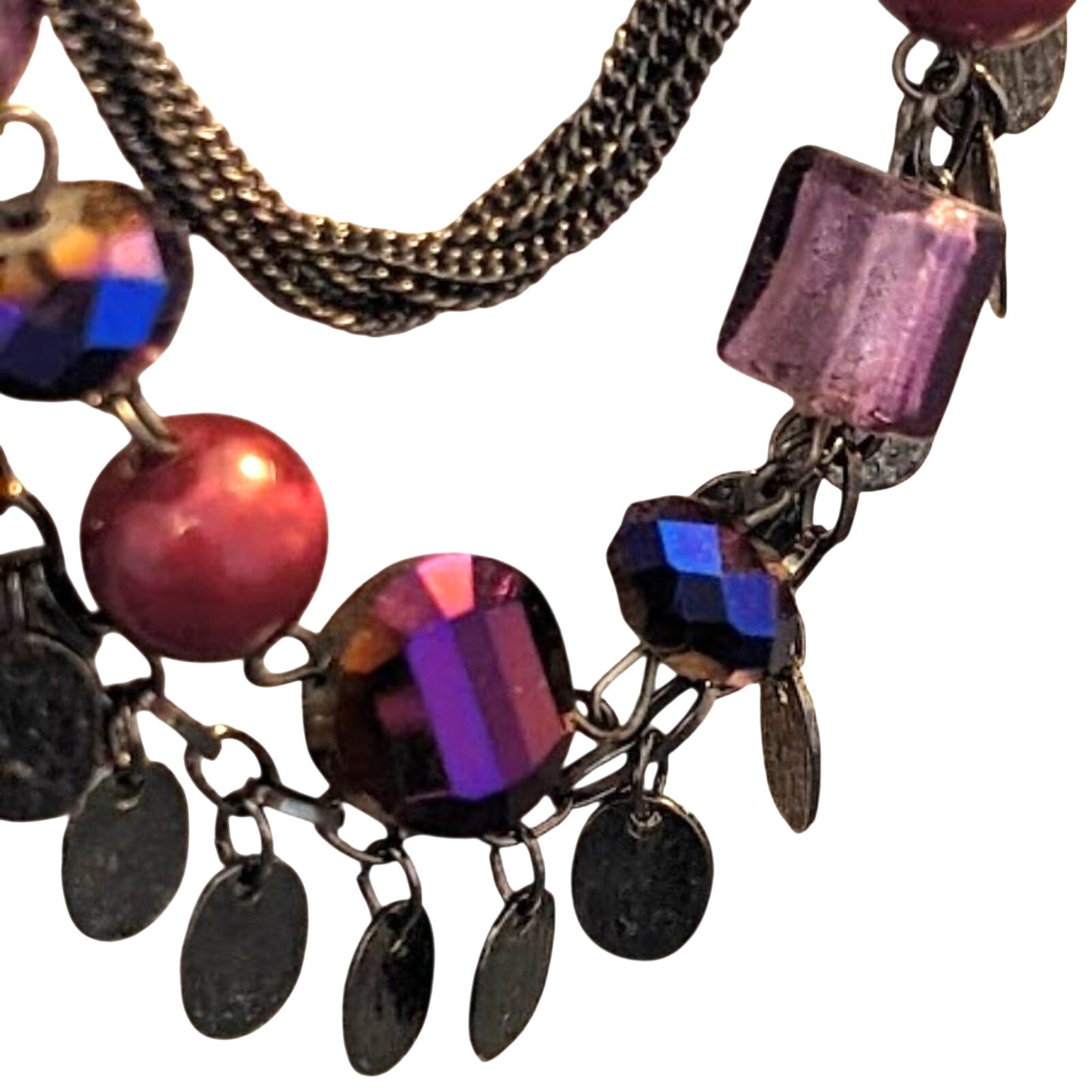 Three strand Gun Metal Chains with Shades of Purple Necklace