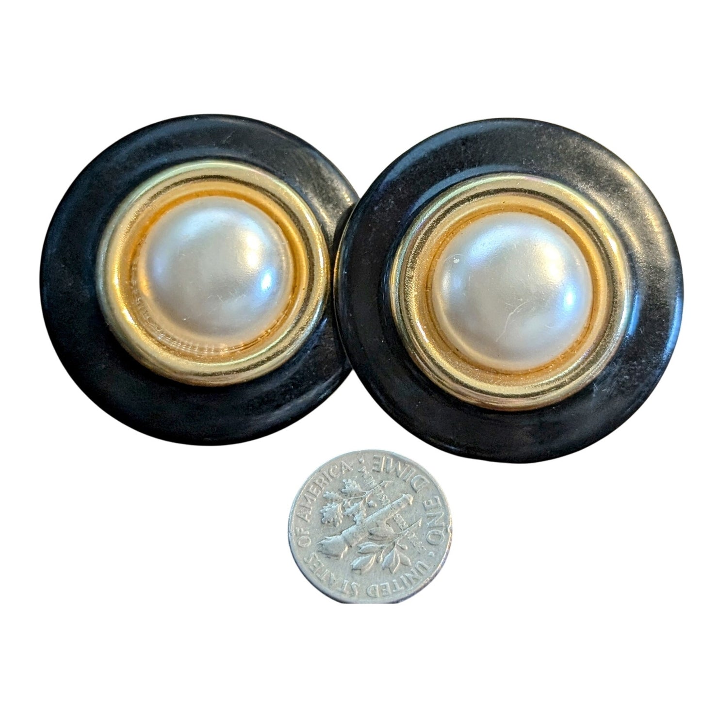 Vintage 80s Large Black Enamel Gold Tone Faux Mabe Pearl Button Pierced Earrings