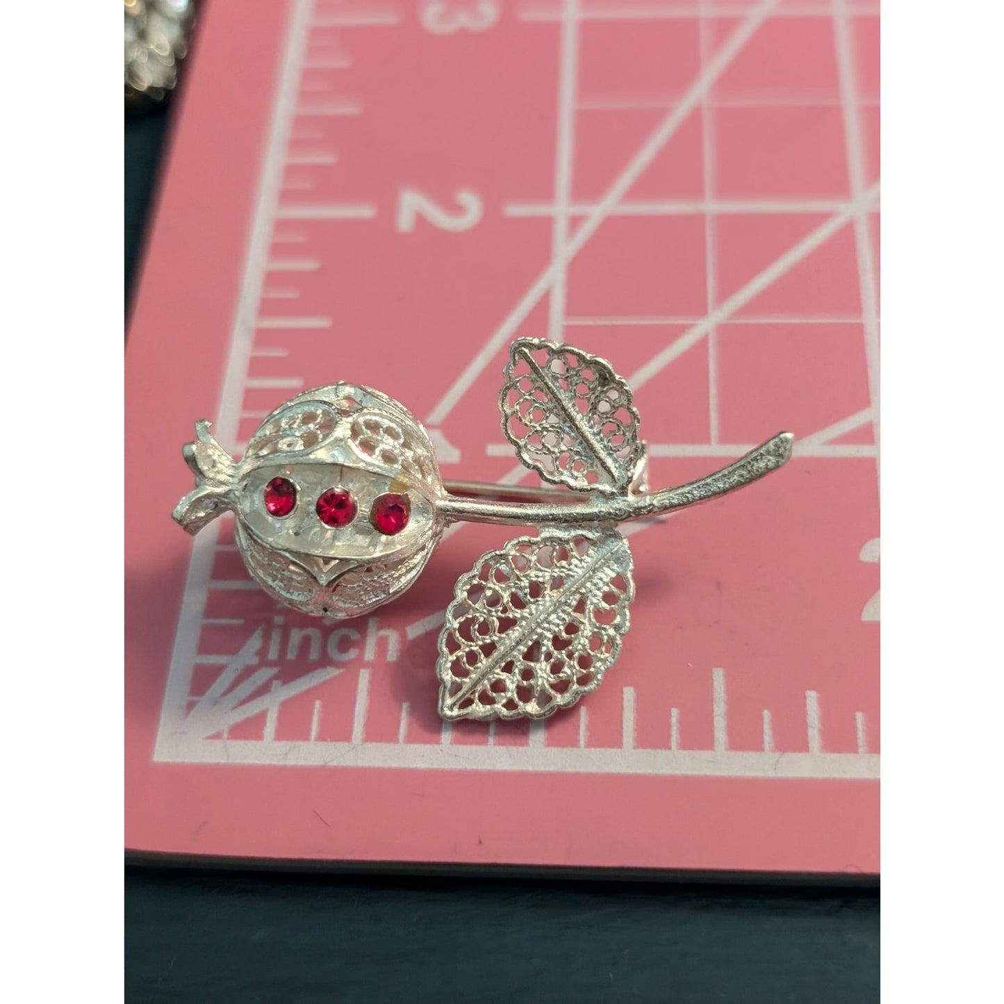 Vintage 1930 Filigree Poppy Ruby Rhinestone Silver Tone Tone Brooch
