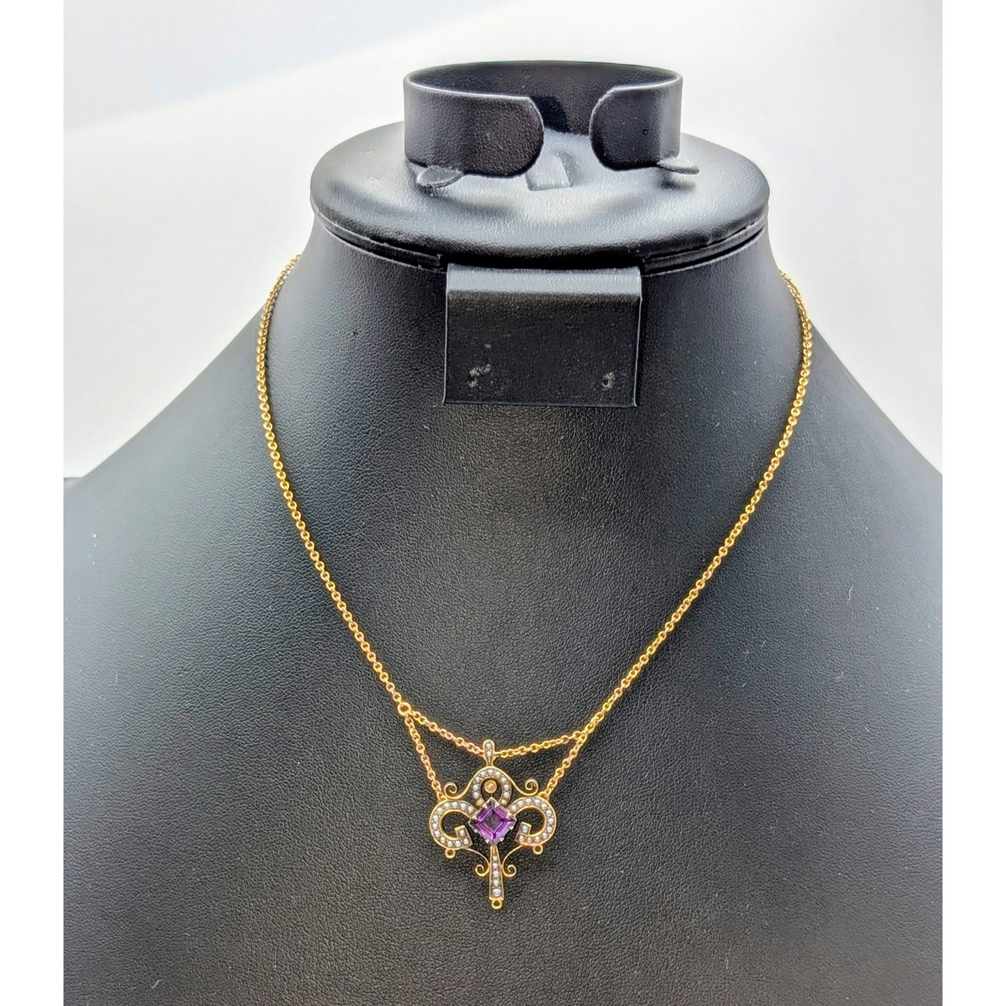 Antique 14k Yellow Gold Art Nouveau Amethyst Seed Pearl Festoon 15.5" Necklace