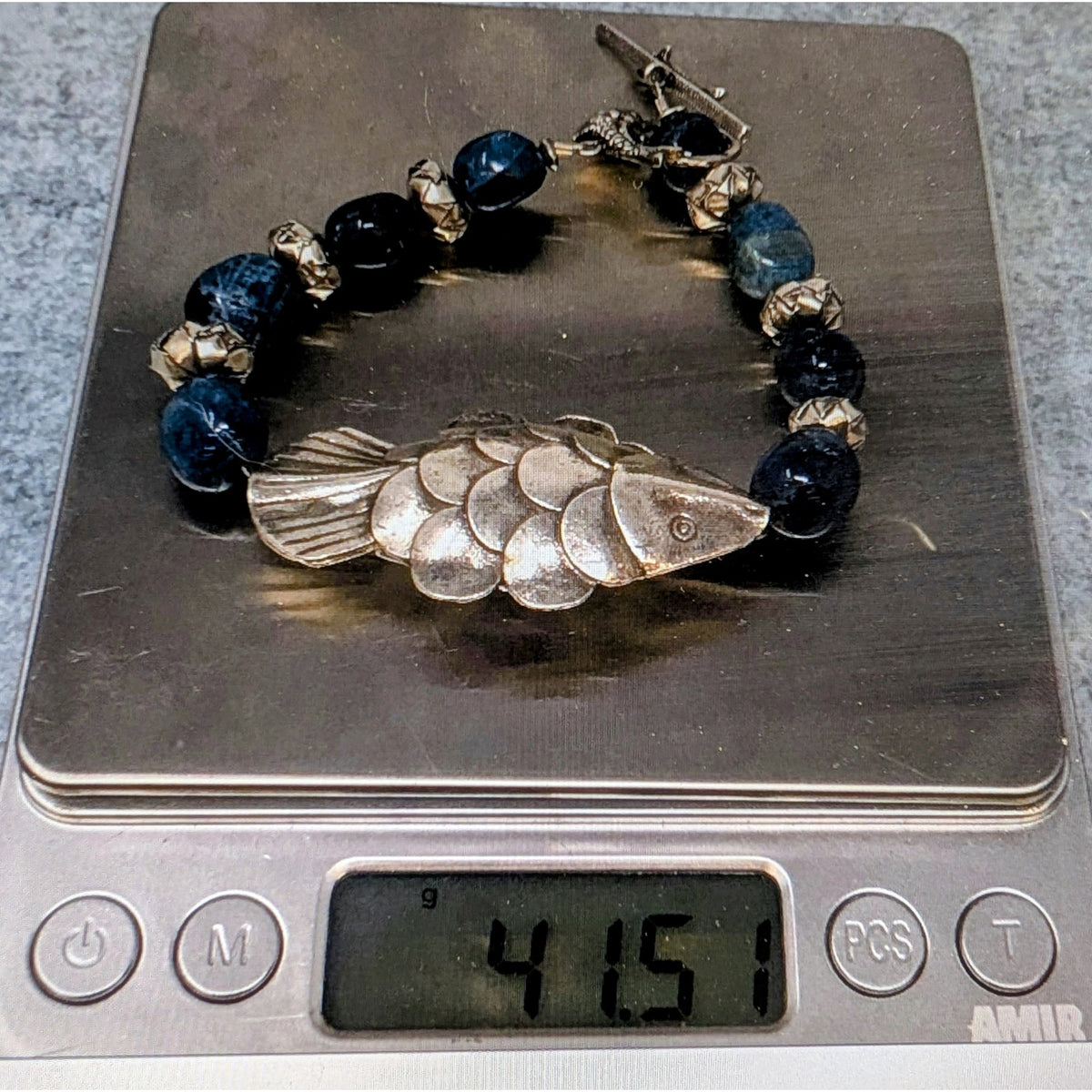 SS 925 Laura Stamped 7.5" Artisan Fish Bracelet w/Blue Accents & Toggle Clasp