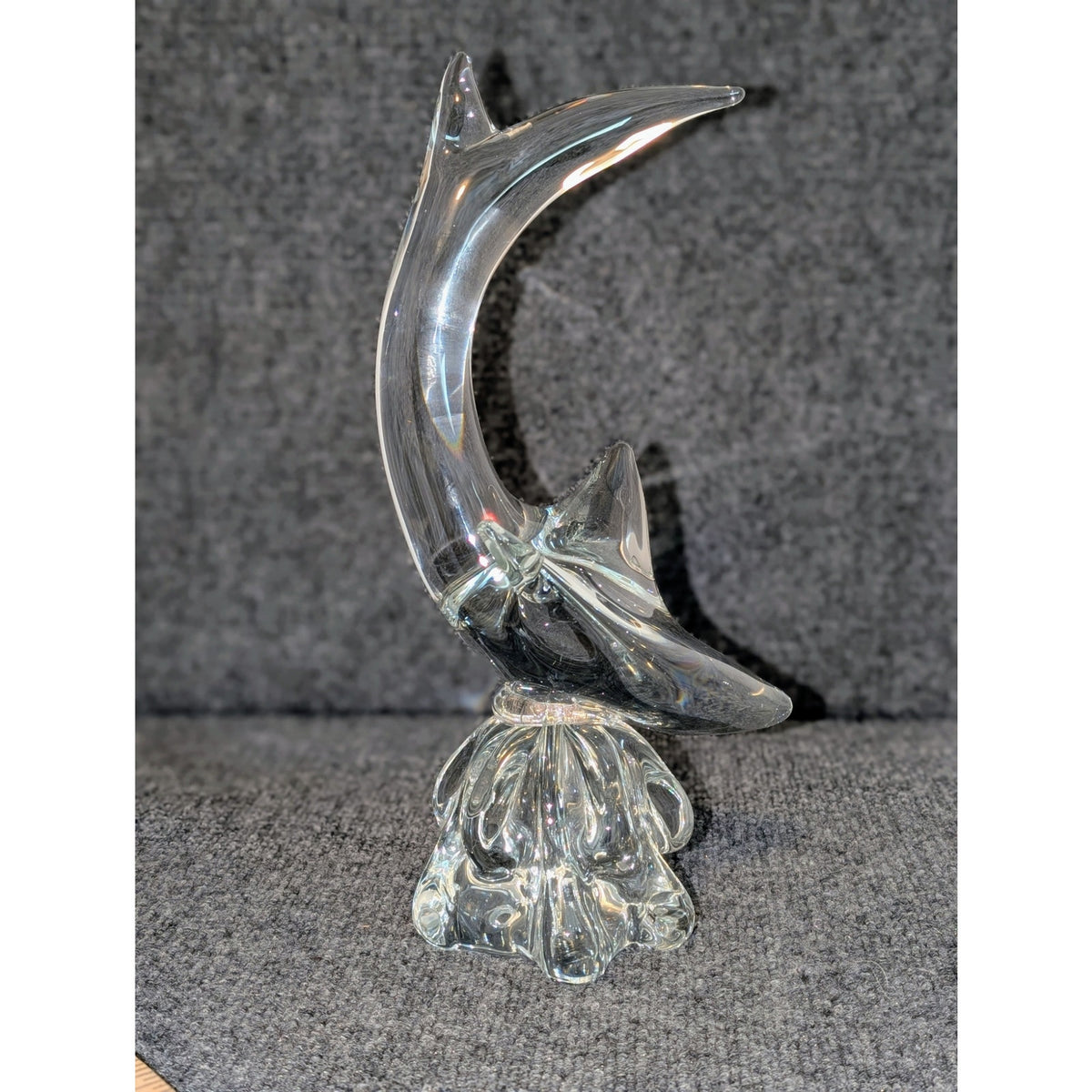 Estate Sale Mid-Century Murano Large Clear Art Glass Shark on Wave Figurine 13"