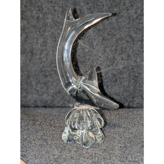 Estate Sale Mid-Century Murano Large Clear Art Glass Shark on Wave Figurine 13"