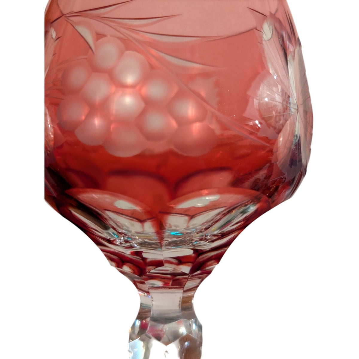 Vtg Two Czech Bohemian Red Cut to Clear Crystal Grapes Design Wine Stem Goblets