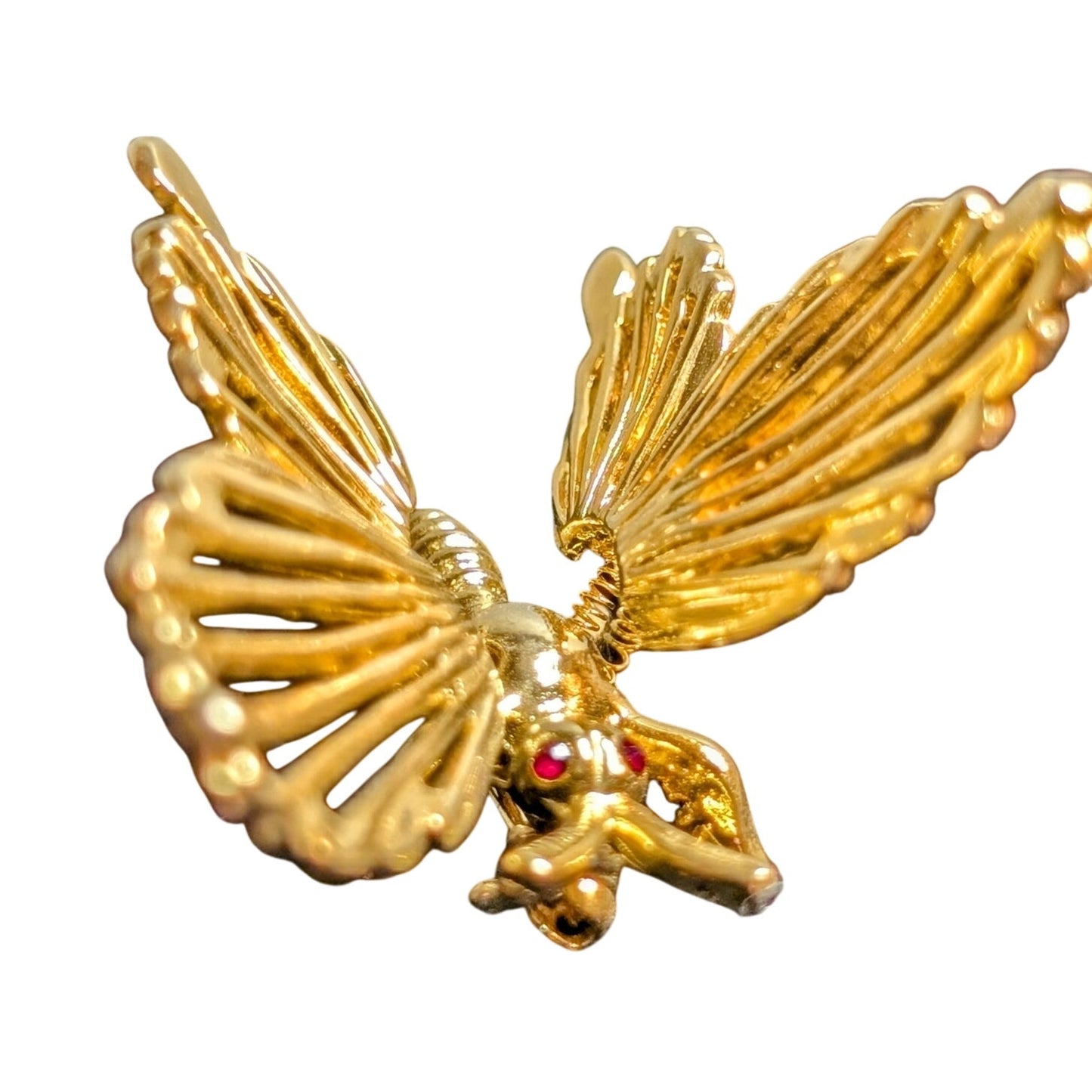 Vintage Gold Tone Butterfly W/ Spring Fluttering Wings & Red Crystal Eyes Brooch