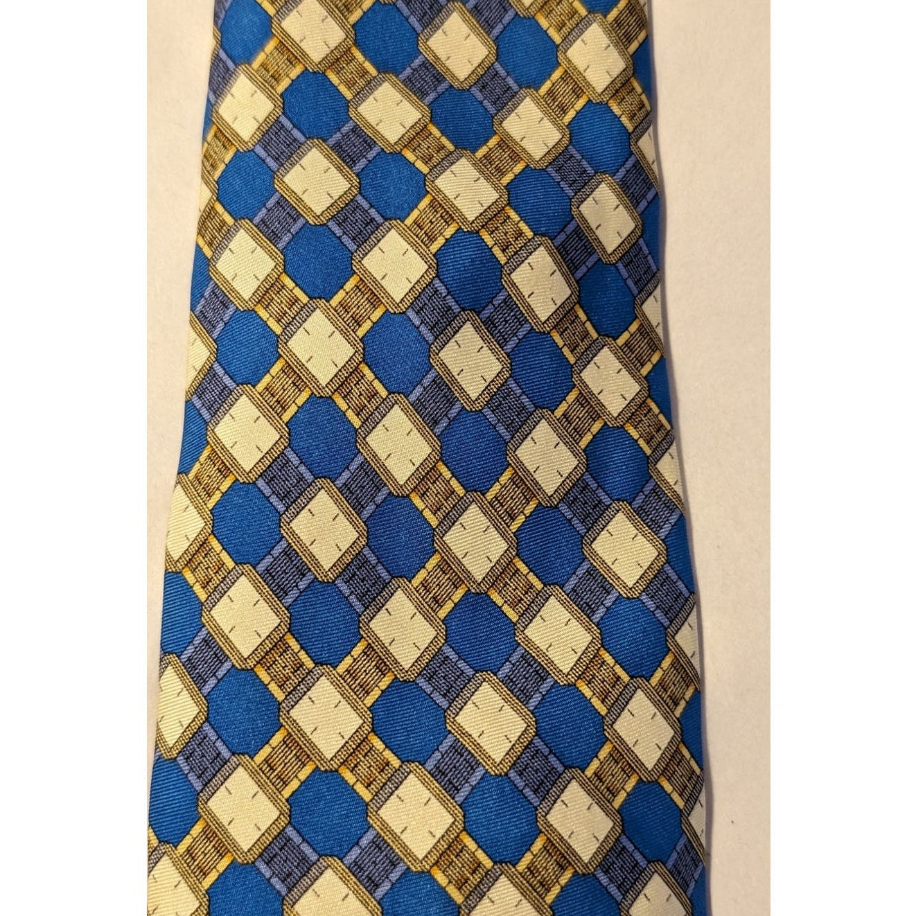 Piaget Silk Vintage 100% Silk Blue Gold Geometric Design Neck Tie