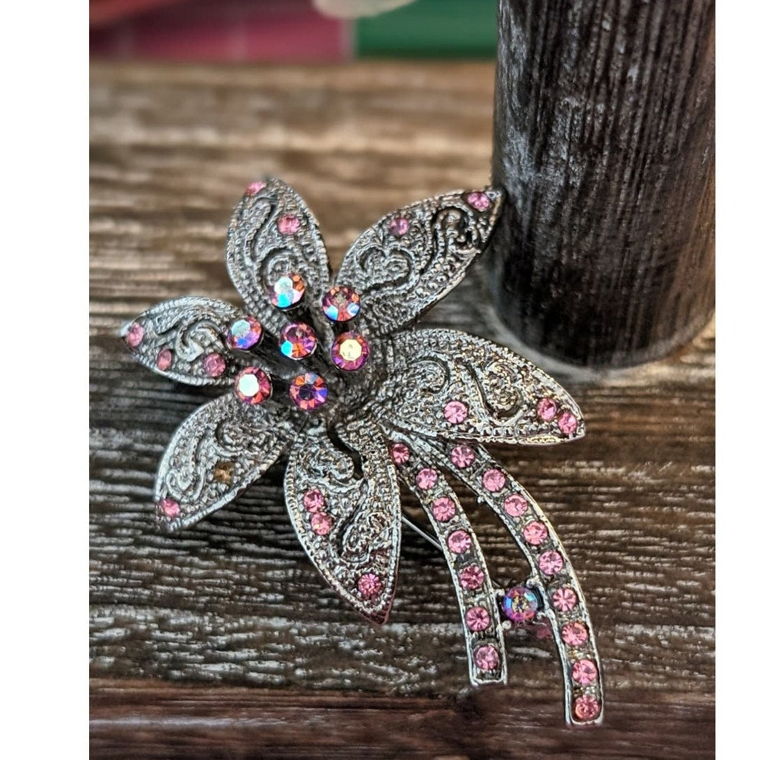 Pink AB Crystal Silver Tone Filigree Floral Brooch