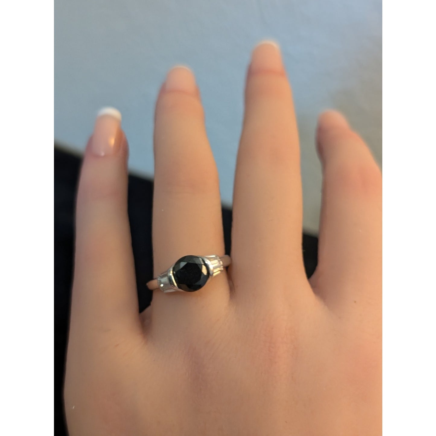 925 Sterling Silver Round Faceted Black & Tapered Baguette Crystal Ring Sz 8