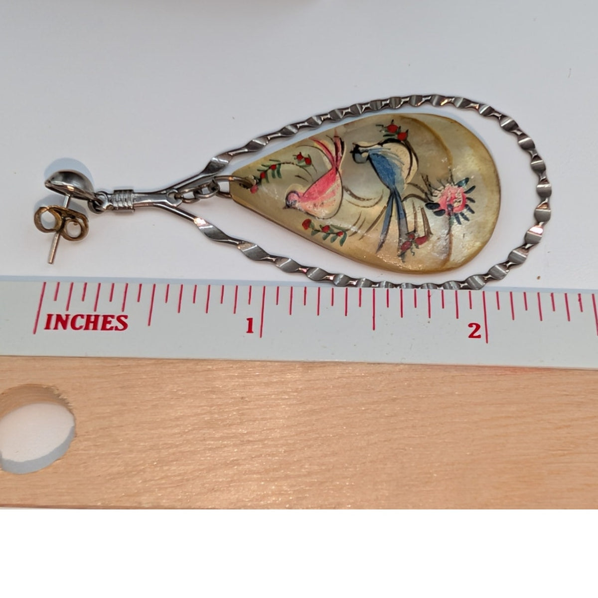 Vtg Middle Eastern Persian MOP Hand-Painted Two-Sided Bird Dangle/Drop Earrings