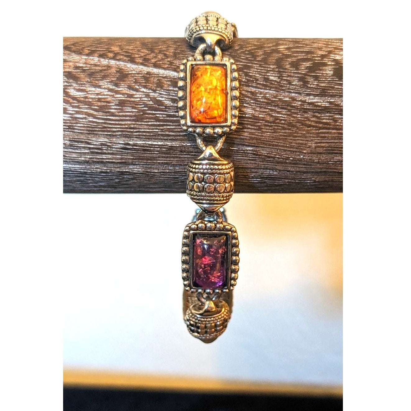 Antiqued Silver Tone Faux Multi-Color Opal Station Bracelet W/ Magnetic Clasp