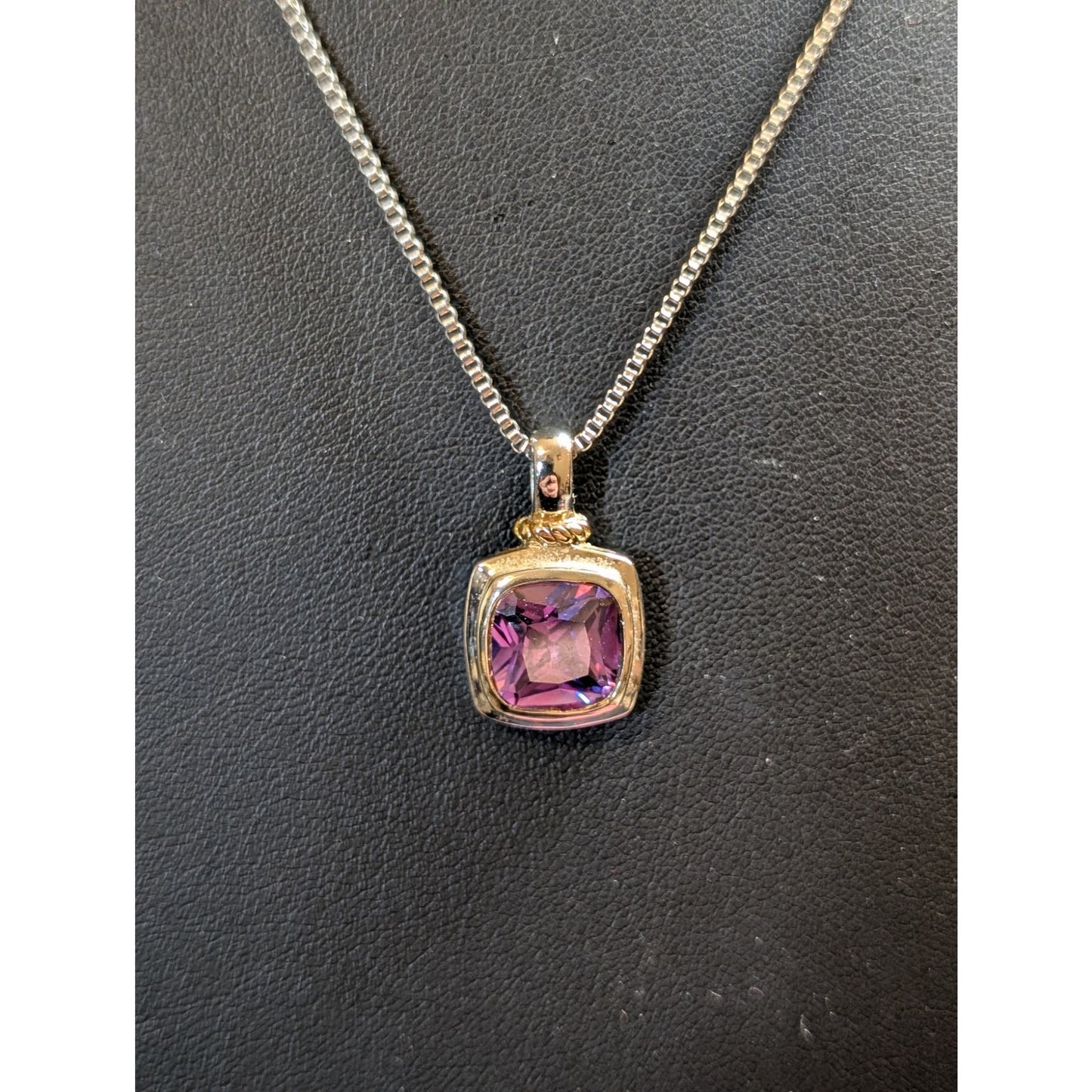 925 Sterling Purple Glass Stone Two Tone Pendant Box Chain 20" Necklace