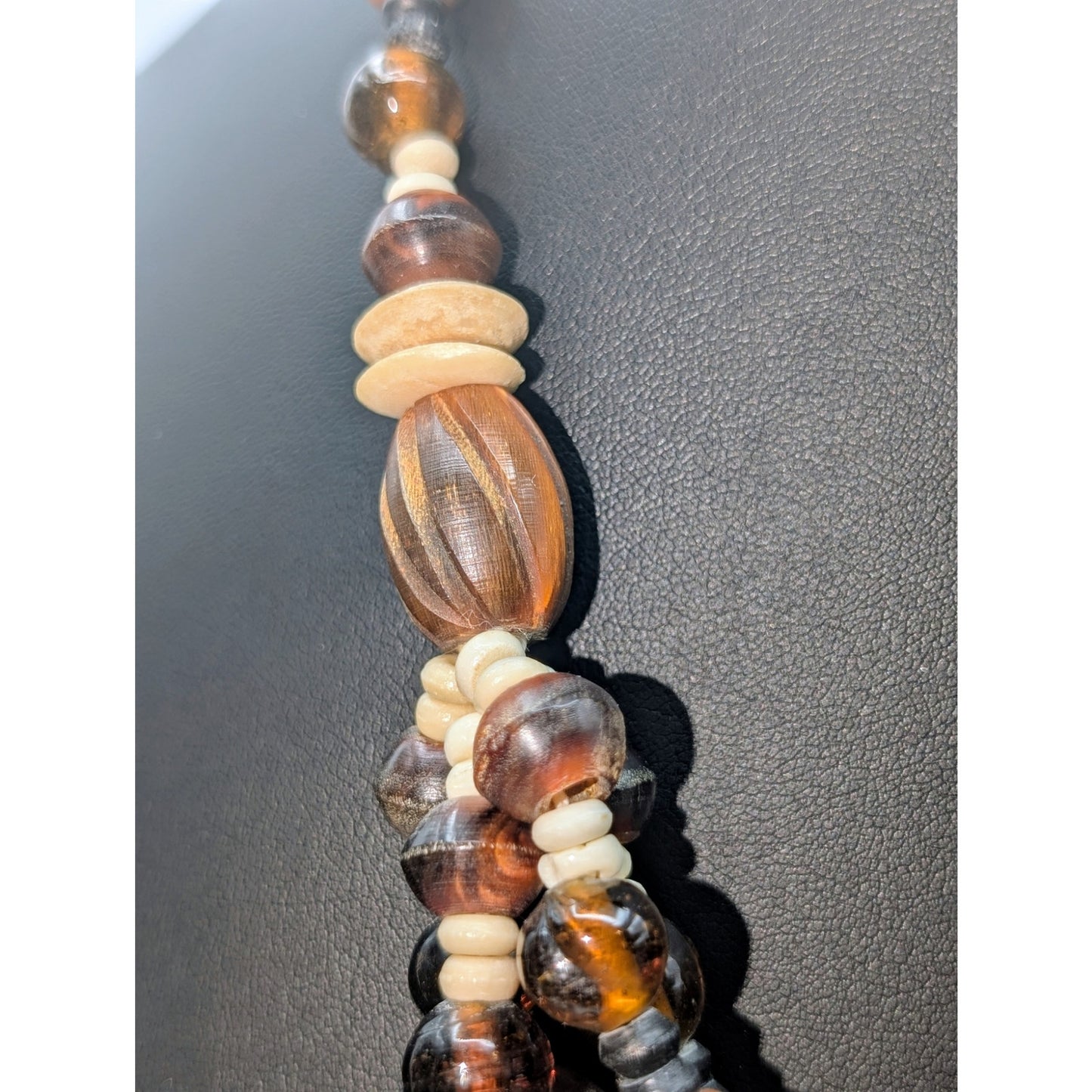 Vintage Amber Cream & Brown Bone Glass Wood Bead Tribal Hook Clasp Necklace