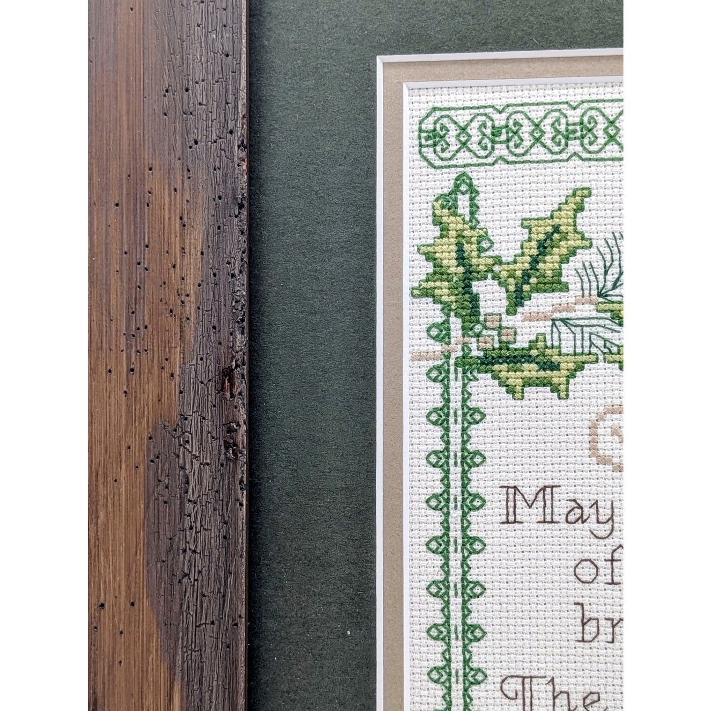 Wood Framed Under Glass Green Mat Blue Bird Christmas Prayer Cross Stitch