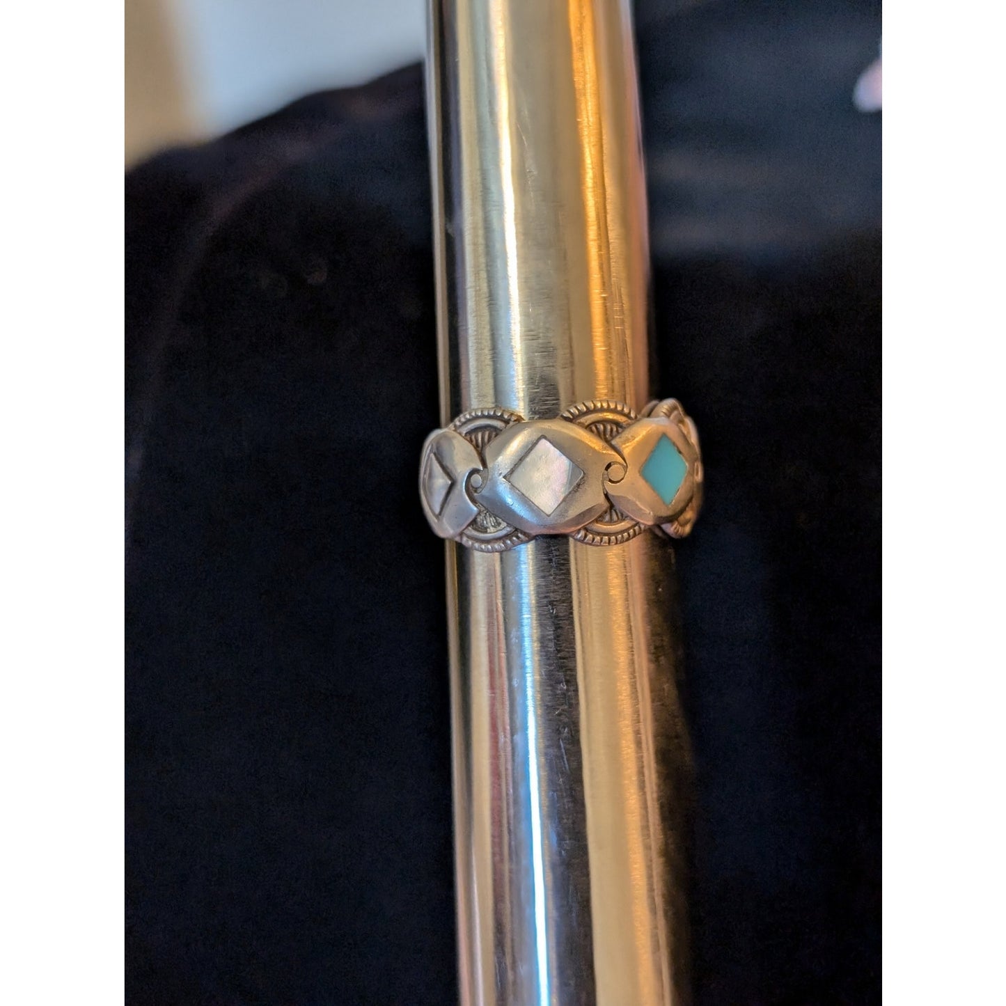 Vintage Signed 925 Sterling Turquoise & MOP Diamond Inlay Band Ring Size 6.75