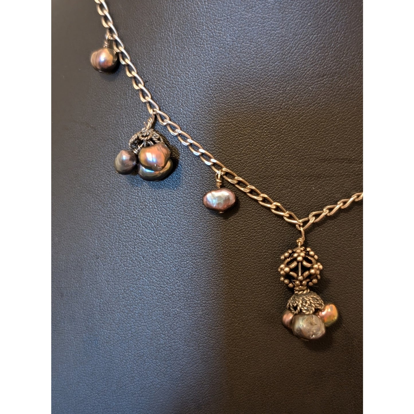 Vtg 925 Sterling Genuine Freshwater Peacock Pearl Dangling 15-16.5" Necklace