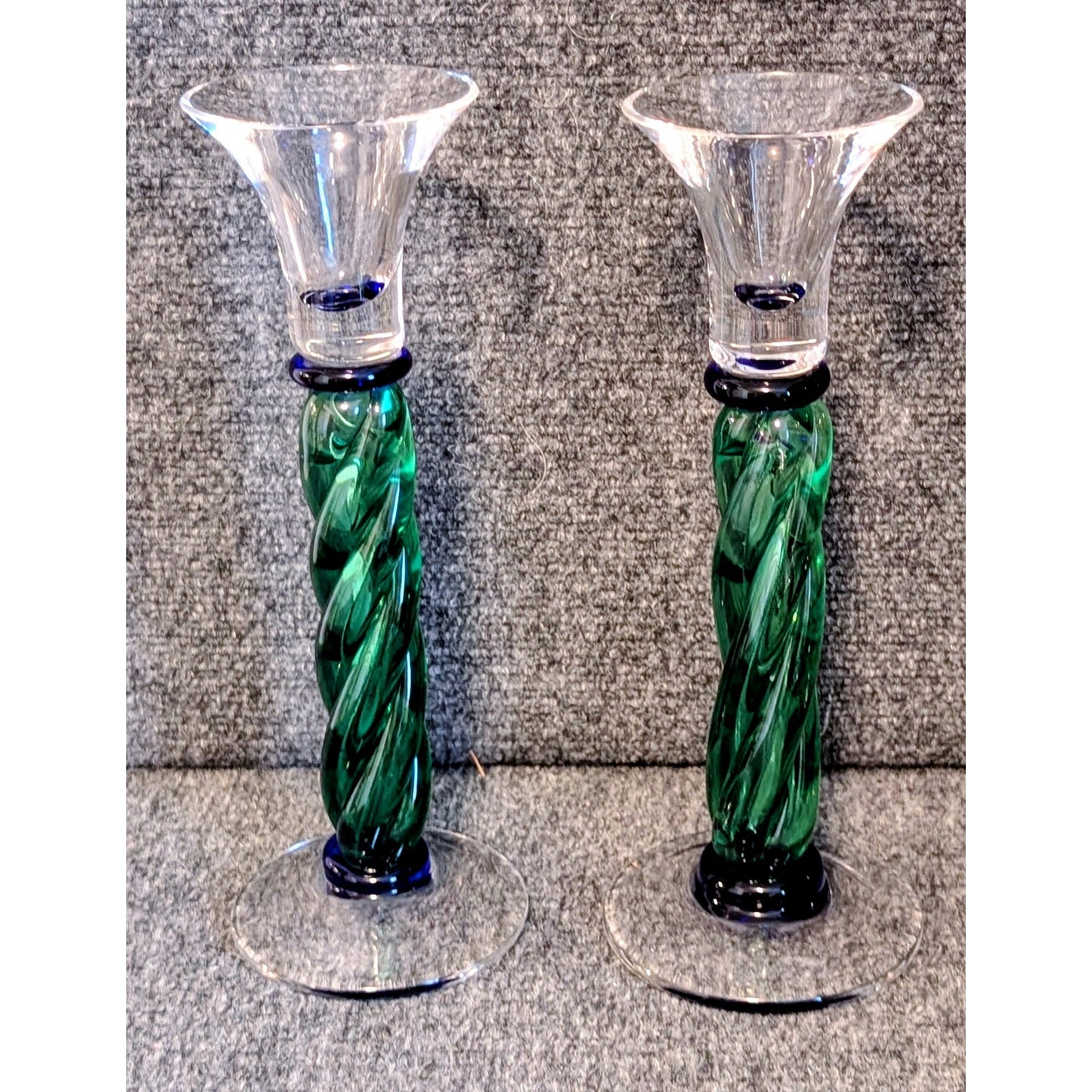 Pair of Green & Blue Twisted Glass Tulip Top Candle Holders