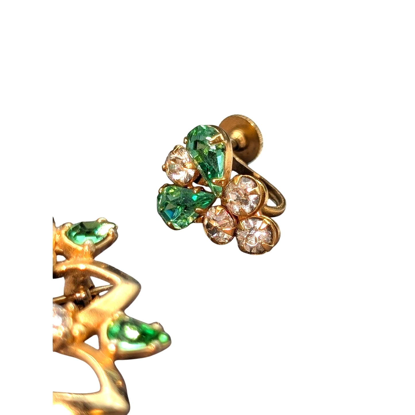 Vintage Green & Clear Rhinestone Gold Tone Brooch & Screw On Earrings